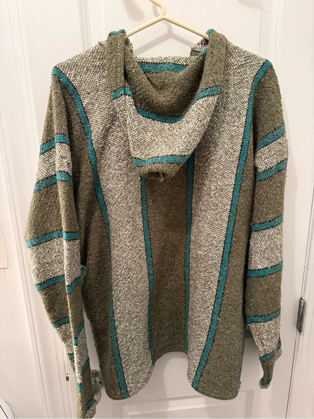 Bohemian Hooded Pullover Sweater in Olive with Teal Trim